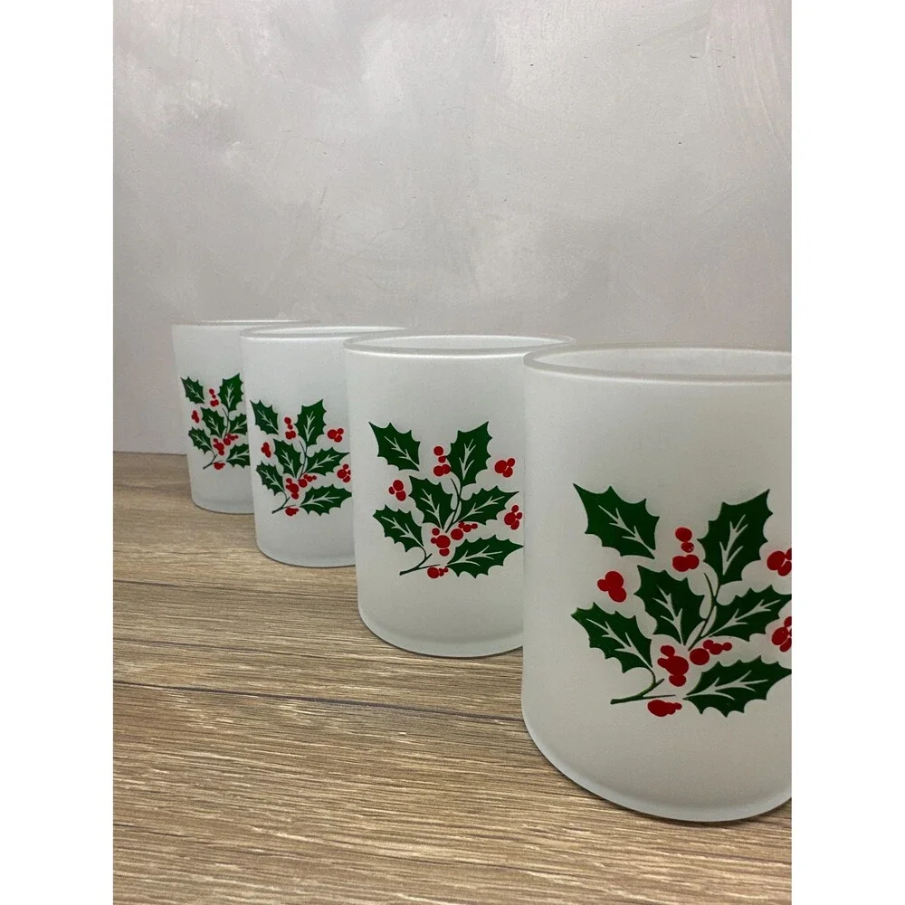 VTG Indiana Glass Frosted Holly Berry Double Old Fashioned Rocks Glasses Set/4